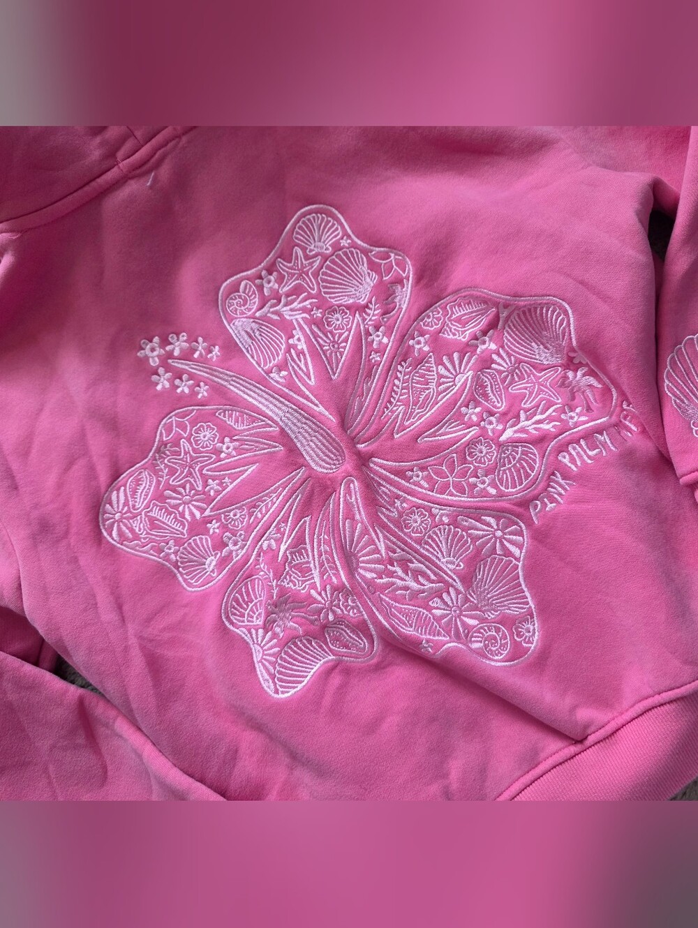 Pink Palm Puff Hoodie Hibiscus Flower Hawaii Seashell Palm Tree Embroidered XXS